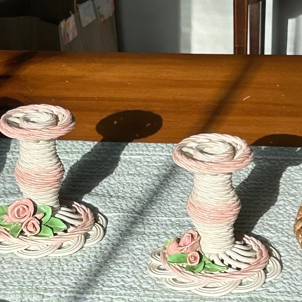 Whimsical Candlesticks Pair of 2 Rose Adorned Cream Pink 1991 Belleek Bev Sparks